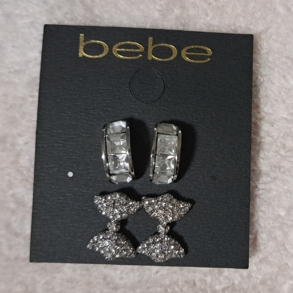 Bebe Sparkling Silver Bow Earring Set